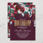 ブルゴーニュレッドアイボリーフローラ配置誕生日 招待状 (正面/裏面)