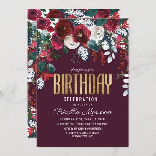 ブルゴーニュレッドアイボリーフローラ配置誕生日 招待状 (正面/裏面)