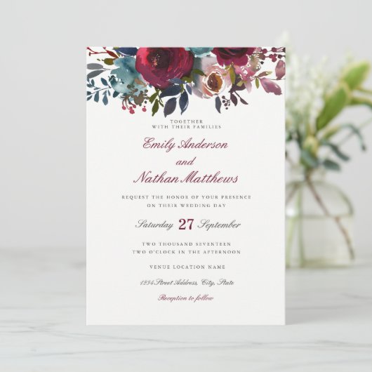 ブルゴーニュレッドウォーター色フローラ結婚式招待状 招待状 (スタンド正面)