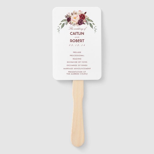 ブルゴーニュレッドエレガントフローラ結婚式 プログラム ハンドファン (正面)