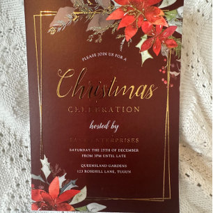 ブルゴーニュレッドゴールデンフレームクリスマスパーティー 箔招待状