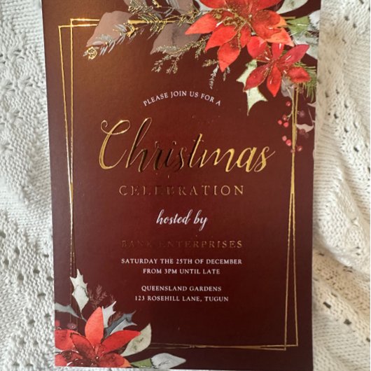 ブルゴーニュレッドゴールデンフレームクリスマスパーティー 箔招待状