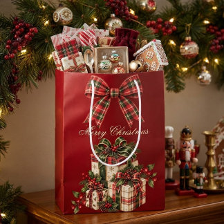 ブルゴーニュレッドチェックボウクリスマス ミディアムペーパーバッグ