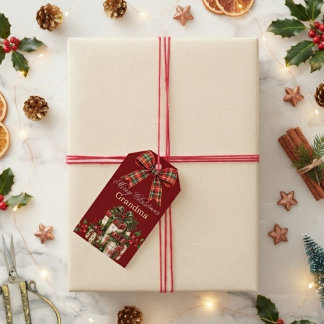 ブルゴーニュレッドチェックボウ 名前入り クリスマス ギフトタグ