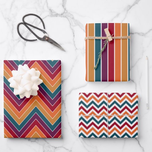 ブルゴーニュレッドティール（緑がかった色）金ゴールドオレンジグリーンストライプズ ラッピングペーパーシート (正面)