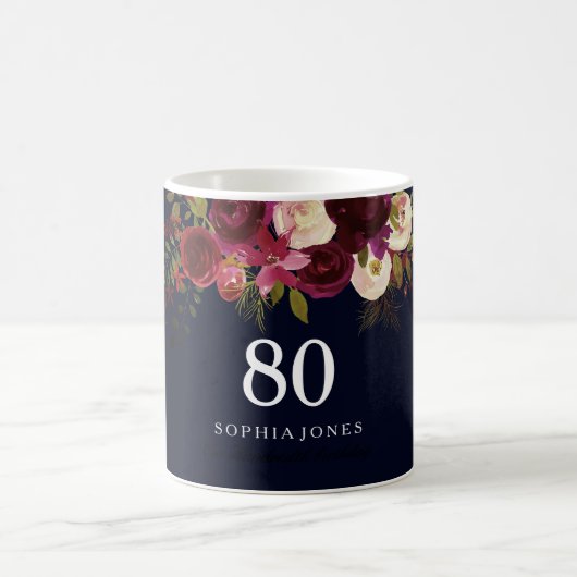 ブルゴーニュレッドネイビーブルーフローラ80th誕生日ギフト コーヒーマグカップ (中央)