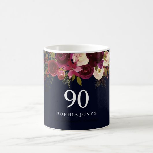 ブルゴーニュレッドネイビーブルーフローラ90th誕生日ギフト コーヒーマグカップ (中央)