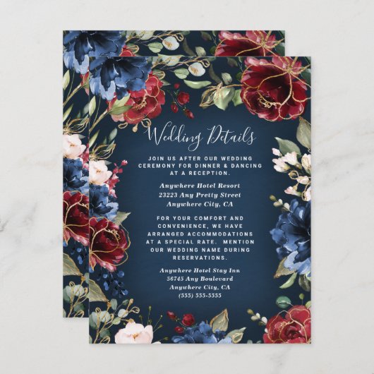 ブルゴーニュレッドネイビーブルー金ゴールドと赤面ピンク結婚ズ エンクロージャーカード (正面/裏面)