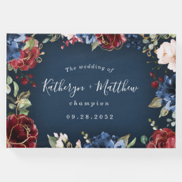 ブルゴーニュレッドネイビーブルー金ゴールドと赤面ピンク結婚ズ ゲストブック