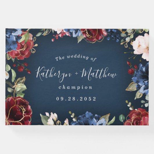 ブルゴーニュレッドネイビーブルー金ゴールドと赤面ピンク結婚ズ ゲストブック (正面)