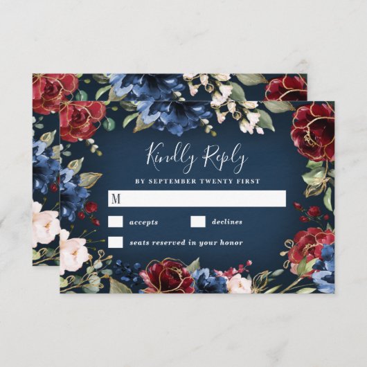 ブルゴーニュレッドネイビーブルー金ゴールドと赤面ピンク結婚ズ 出欠カード (正面/裏面)