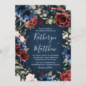 ブルゴーニュレッドネイビーブルー金ゴールドと赤面ピンク結婚ズ 招待状 (正面/裏面)