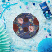 ブルゴーニュレッドフラワーズネイビーブルーモダン秋の結婚式 ペーパープレート (パーティー)