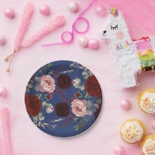 ブルゴーニュレッドフラワーズネイビーブルーモダン秋の結婚式 ペーパープレート (パーティー)