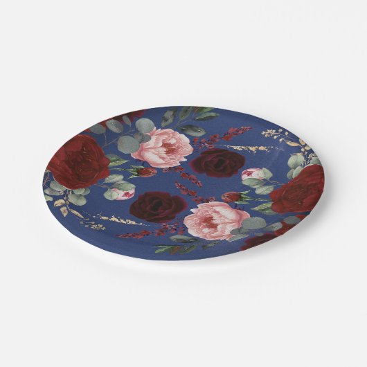 ブルゴーニュレッドフラワーズネイビーブルーモダン秋の結婚式 ペーパープレート (アングル)