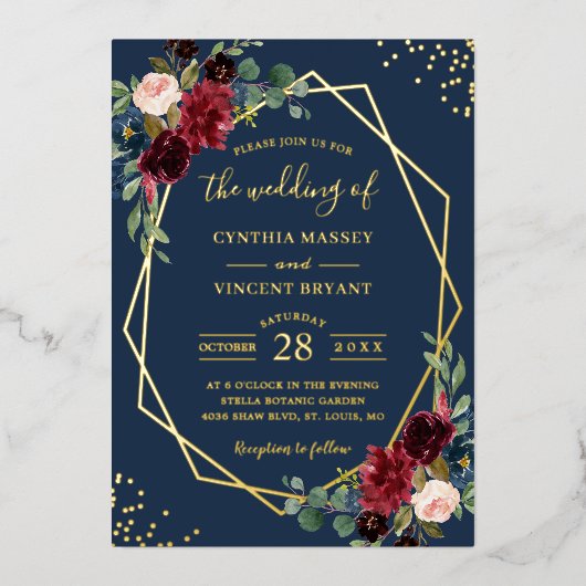 ブルゴーニュレッドフローラネイビーブループレミアム金ゴールド結婚ズ 箔招待状 (正面)