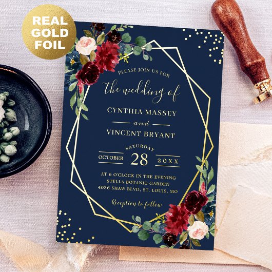 ブルゴーニュレッドフローラネイビーブループレミアム金ゴールド結婚ズ 箔招待状