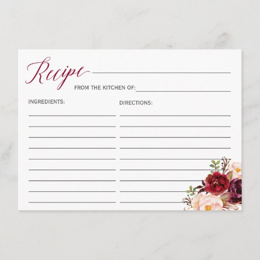 ブルゴーニュレッドフローラブライダルシャワーレシピカード エンクロージャーカード (正面)