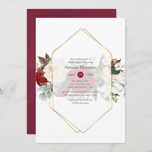 ブルゴーニュレッドフローラ幾何学ブライダルシャワー 招待状 (正面/裏面)