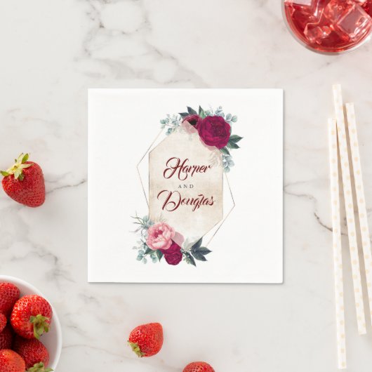 ブルゴーニュレッドフローラ幾何学秋の結婚式 スタンダードカクテルナプキン (インサイチュ)