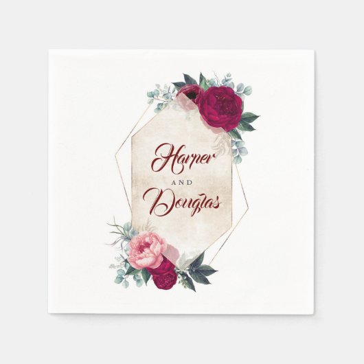 ブルゴーニュレッドフローラ幾何学秋の結婚式 スタンダードカクテルナプキン (正面)