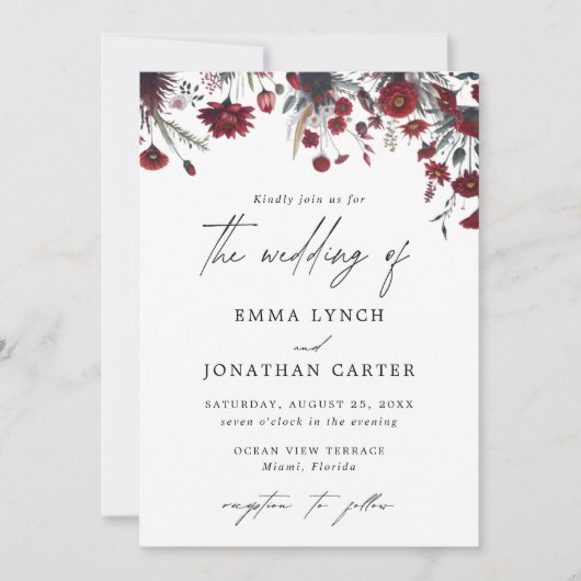 ブルゴーニュレッドフローラ素朴結婚式招待状 招待状 (正面)