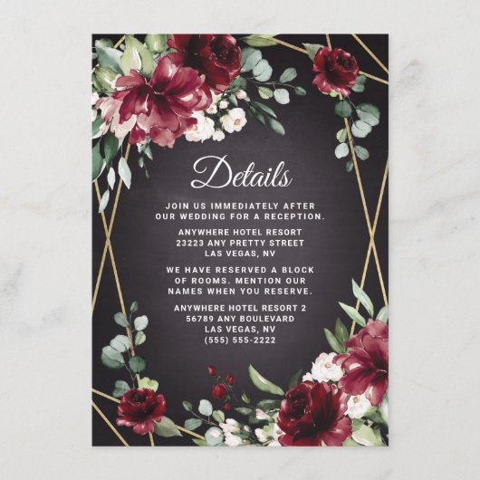 ブルゴーニュレッドブラックと金ゴールドフローラエレガントな結婚式 エンクロージャーカード (正面)