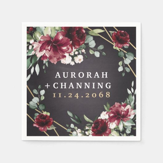 ブルゴーニュレッドブラックと金ゴールドフローラエレガントな結婚式 スタンダードカクテルナプキン (正面)