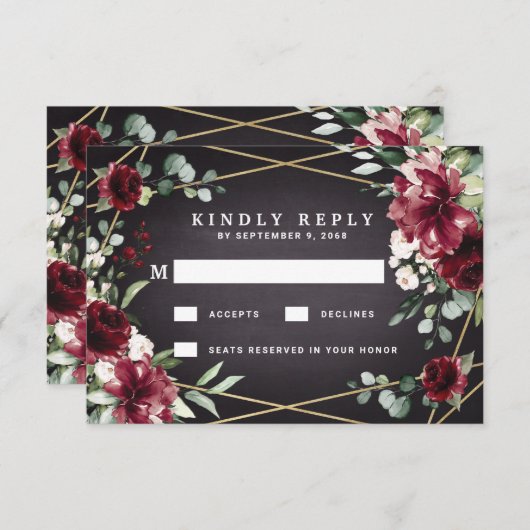 ブルゴーニュレッドブラックと金ゴールドフローラエレガントな結婚式 出欠カード (正面/裏面)