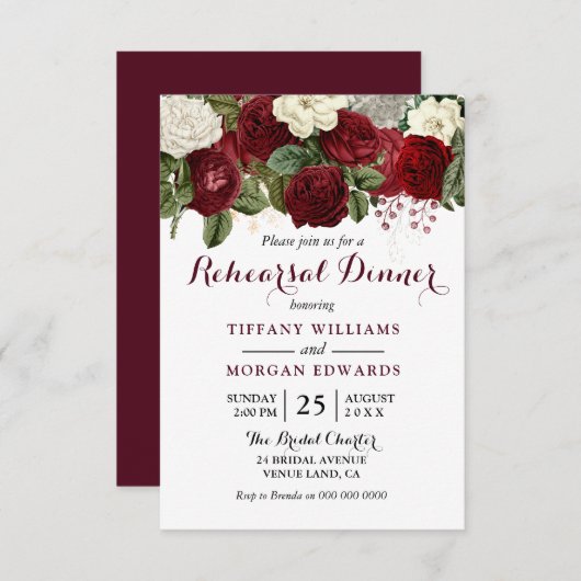 ブルゴーニュレッドホワイトフローラ結婚のリハーサルディナー 招待状 (正面/裏面)