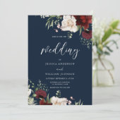 ブルゴーニュレッドワインホワイトフローラネイビー結婚ズ 招待状 (スタンド正面)