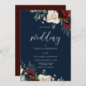 ブルゴーニュレッドワインホワイトフローラネイビー結婚ズ 招待状 (正面/裏面)
