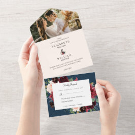 ブルゴーニュレッド赤面ピンクネイビーブルーフローラズ オールインワン招待状