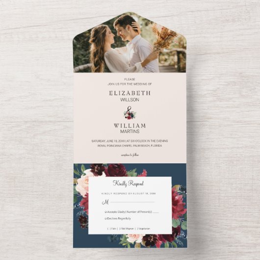 ブルゴーニュレッド赤面ピンクネイビーブルーフローラズ オールインワン招待状 (内側)