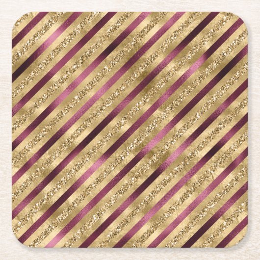 ブルゴーニュレッド金ゴールドストライプグリッター スクエアペーパーコースター (正面)