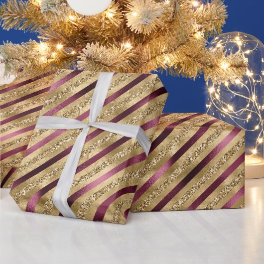 ブルゴーニュレッド金ゴールドストライプグリッター ラッピングペーパー (クリスマス)