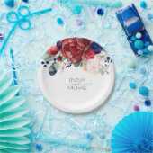 ブルゴーニュレッド&ネイビーブルーフローラエレガントな結婚式 ペーパープレート (パーティー)