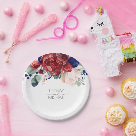 ブルゴーニュレッド&ネイビーブルーフローラエレガントな結婚式 ペーパープレート (パーティー)