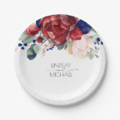 ブルゴーニュレッド&ネイビーブルーフローラエレガントな結婚式 ペーパープレート (正面)