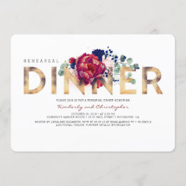ブルゴーニュレッド&ネイビーブルーフローラリハーサルディナー 招待状