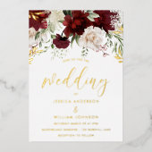 ブルゴーニュレッド&ホワイト結婚フローラ金ゴールド 箔招待状 (正面)