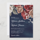 ブルゴーニュローズのレトロなQRコード ネイビーブルーの結婚式 招待状 (正面)