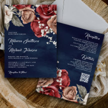 ブルゴーニュローズのレトロなQRコード ネイビーブルーの結婚式