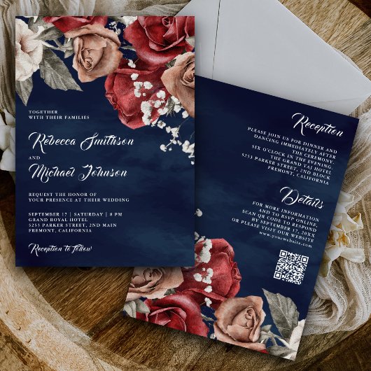 ブルゴーニュローズのレトロなQRコード ネイビーブルーの結婚式 招待状
