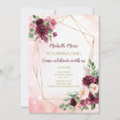 ブルゴーニュワインピンクと金ゴールドフローラファースト誕生日 招待状 (正面)