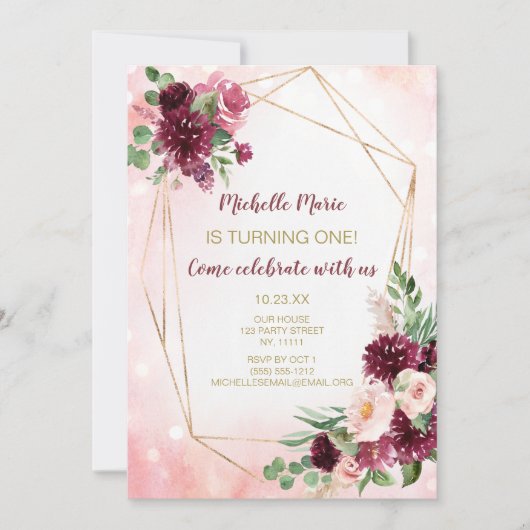 ブルゴーニュワインピンクと金ゴールドフローラファースト誕生日 招待状 (正面)