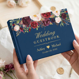 ブルゴーニュワインレッドのバラのネイビーブルーの結婚式 ゲストブック
