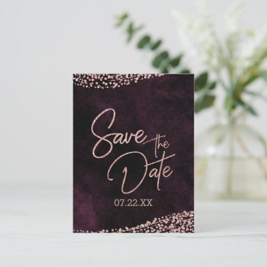 ブルゴーニュワイン&バラ金ゴールド結婚式の日付を保存 案内ポストカード (スタンド正面)