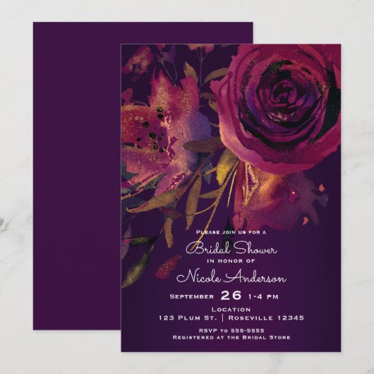 ブルゴーニュワイン フローラルローズ 紫色 結婚式前夜のパーティー 招待状 (正面/裏面)