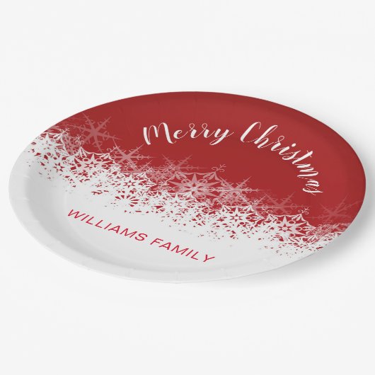 ブルゴーニュヴィンテージの雪片メリークリスマス ペーパープレート (アングル)